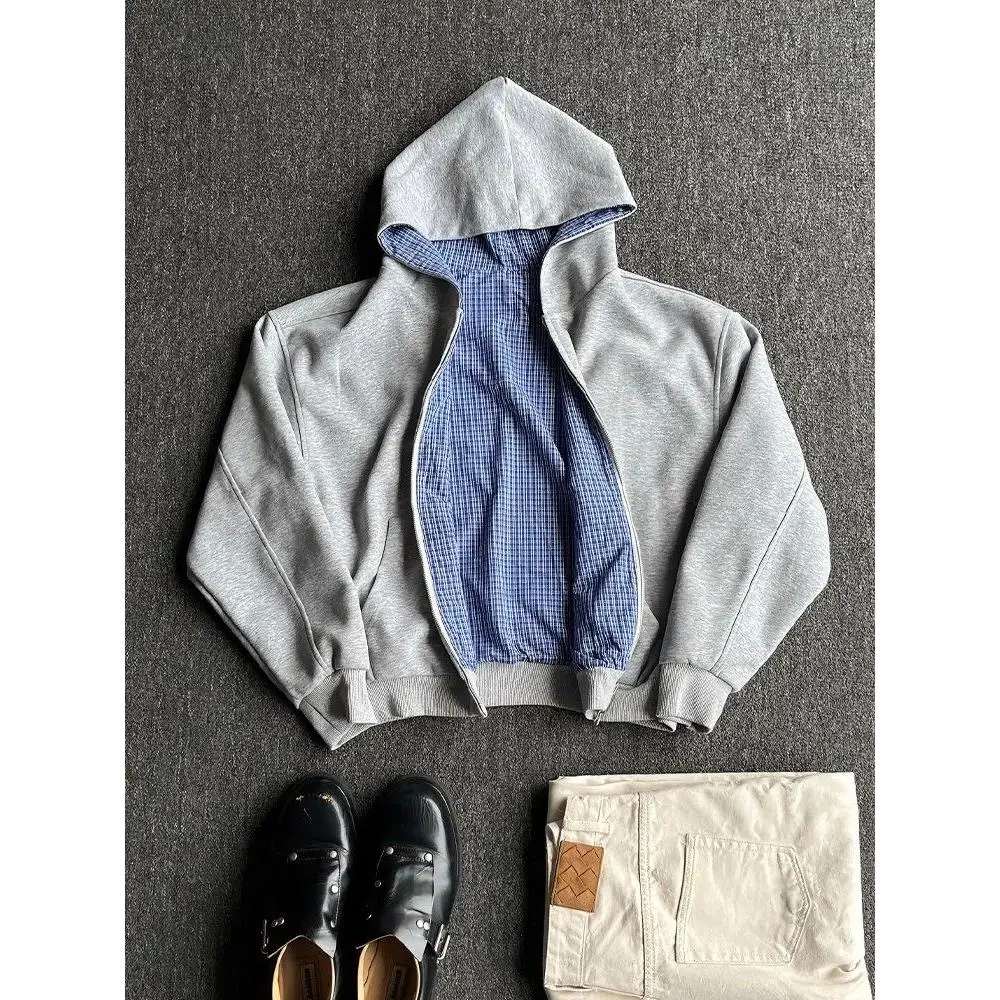 Ay – Cardigan ouvert à capuche pour hommes, vêtements Double face, à carreaux, coupe ample, pour jeunes, Long, fermeture à glissière, automne