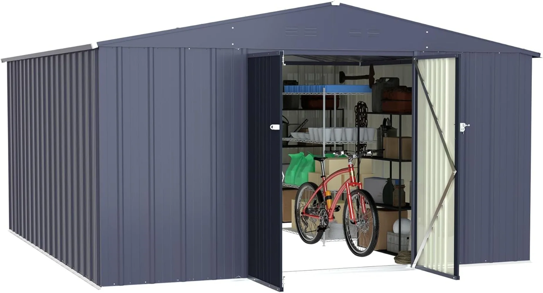 10x10FT Metal Outdoor Storage Shed, Galvanized Tool shed Storage House with Slooping Roof and Lockable Door, Outdoor Storage