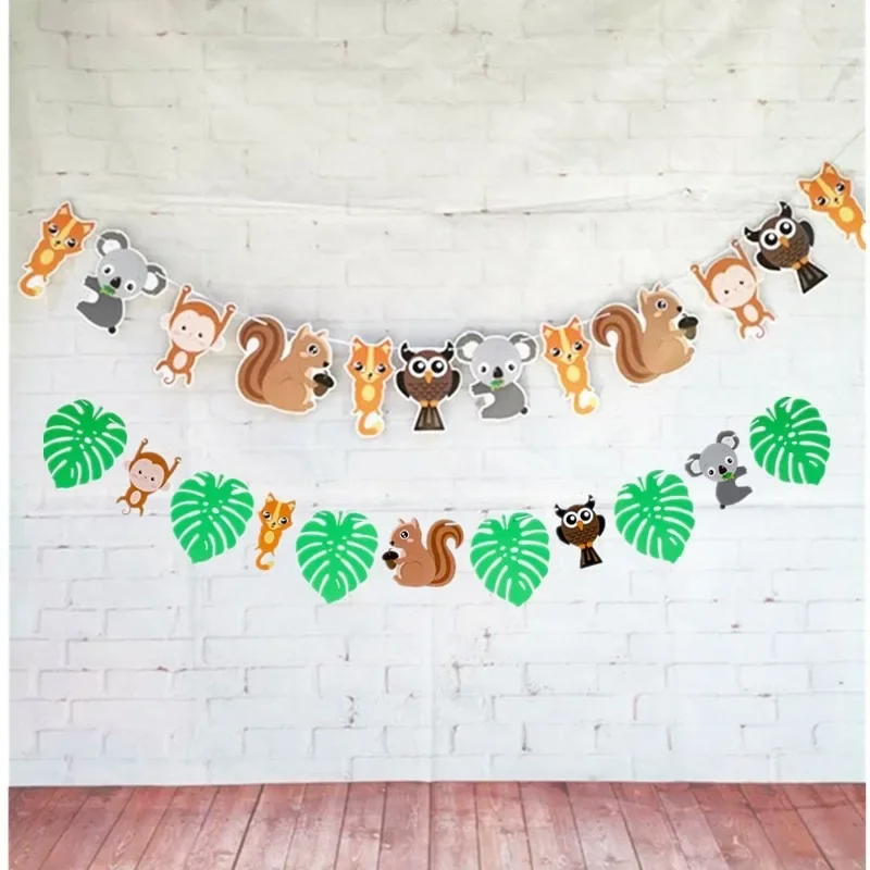 Hawaiian Party Decors Squirrel Fox Koala Monkey Owl Animal Turtle Back Leaf Banner Happy Summer Hawaii Birthday Party Garland
