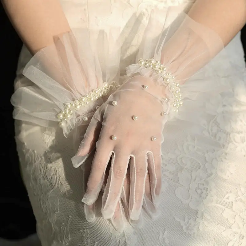 

Wedding Pearl Gloves Milk White Lace Short Satin Tulle Bridal Gloves Tea Party Opera Prom Cosplay Gloves Wedding Accessories