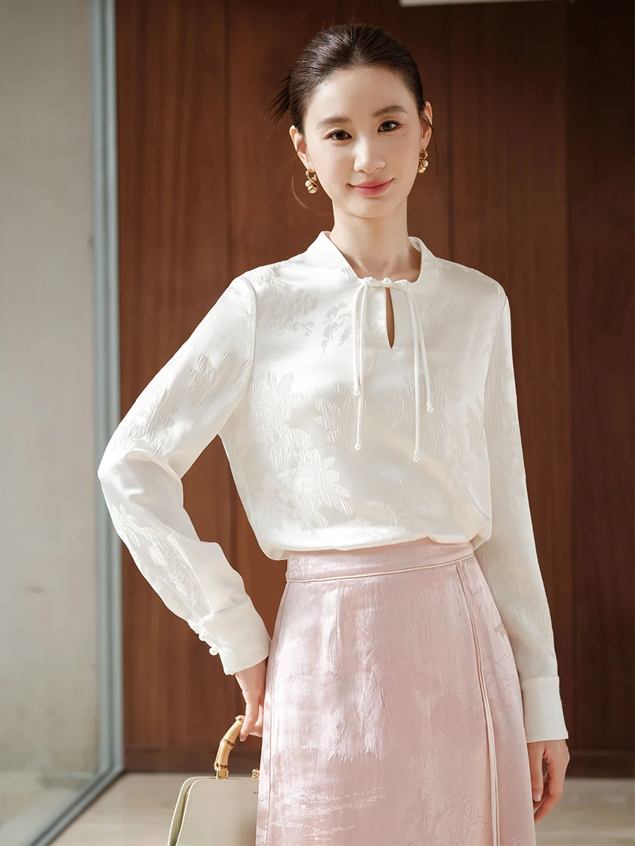 

Ele White Acetate Women's irt Chinese Sle Embroidery Button up Spring Autumn Faion Casual Loose Fit ort Sve