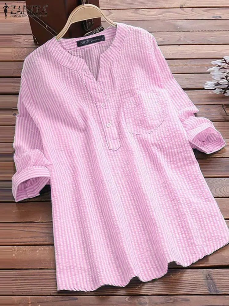 ZANZEA Autumn Stripe Blouse Women V-Neck Long Sleeve Blouses Elegant Office OL Shirt Tunic Chemise Stylish Casual Tops 2024