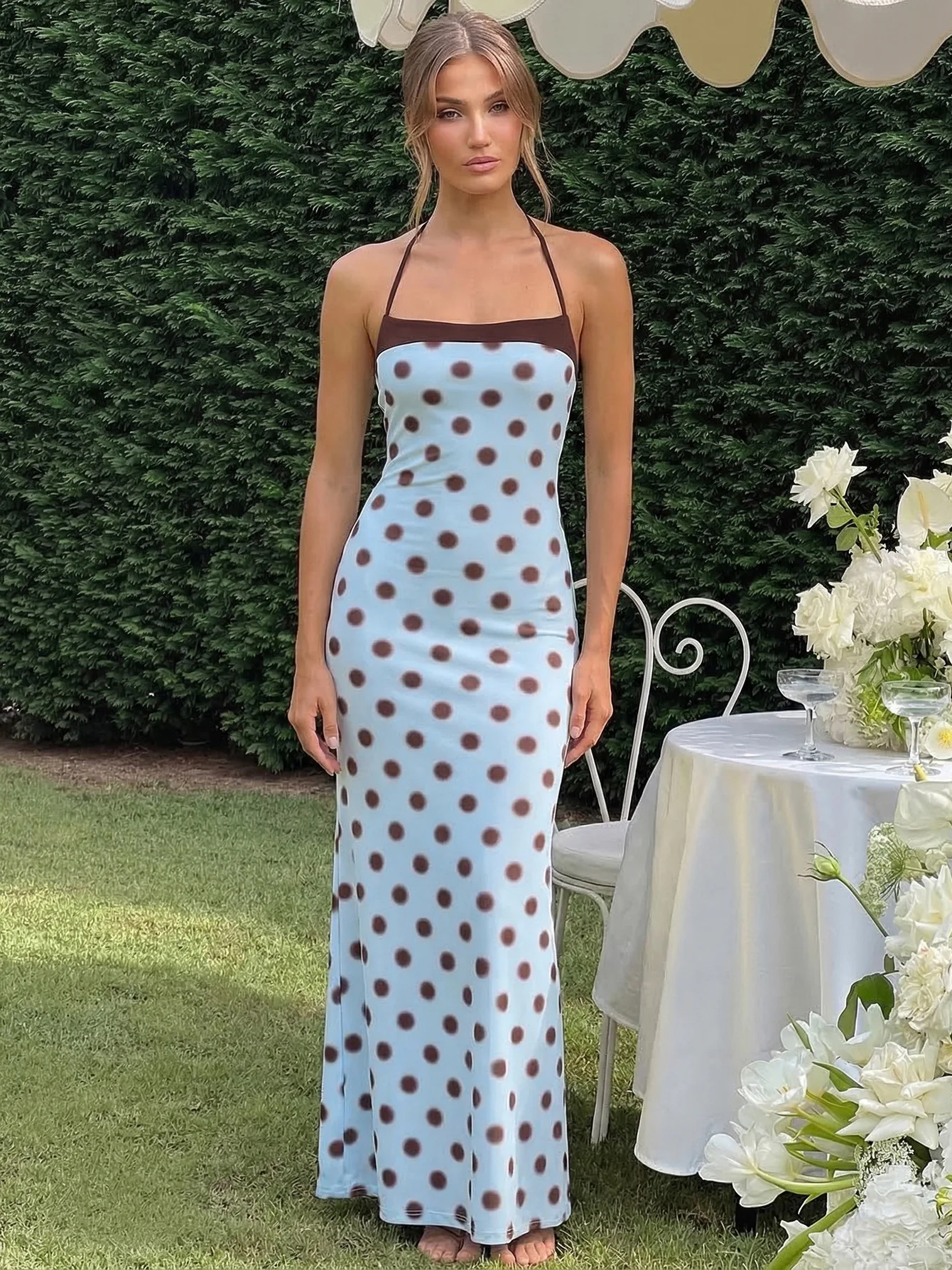 

Blue Brown Polka Dot Halter Neck Maxi Dress Backless Bodycon Sleeveless Birthday Party Dates Elegant Summer 2026 Trends