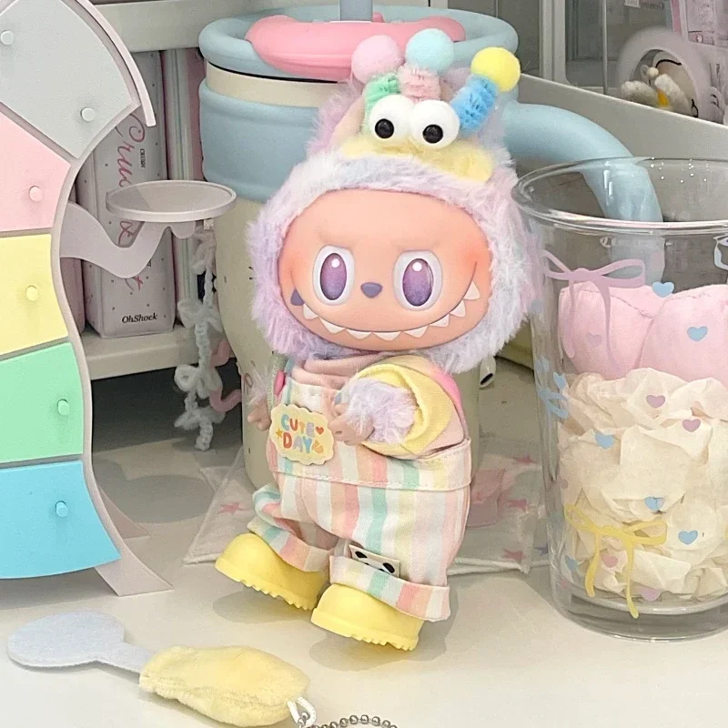 Suitable for Labubu V1 V2 V3 17cm Vinyl Dolls Clothes Headdress Tops Overalls Shoes Four-piece Set Trendy Cool Accessories Gifts