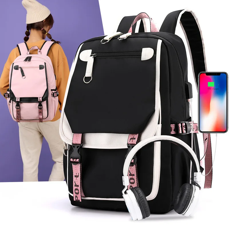 Mochila escolar grande para adolescentes, morral escolar de lona con puerto USB, a la moda, color negro y rosa