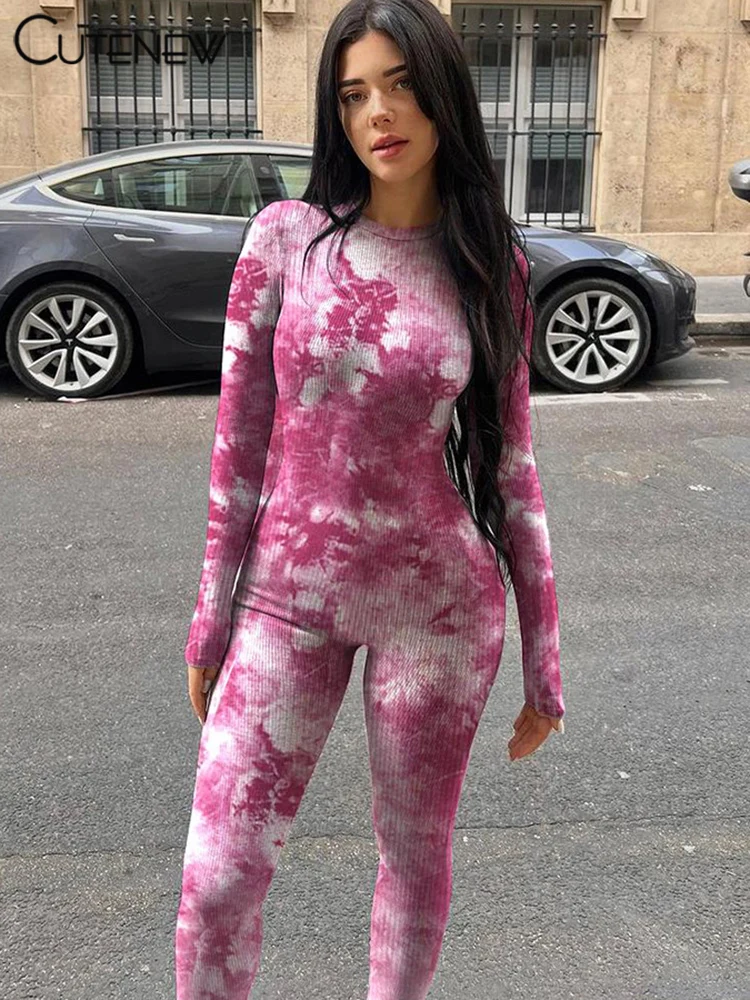 Cutenew Tie Dye Basic Jumpsuits Women Fashion Atrakcyjna jesienna pełna rękaw O-neck Body-shaping Overall Mujer Classic Streetwear