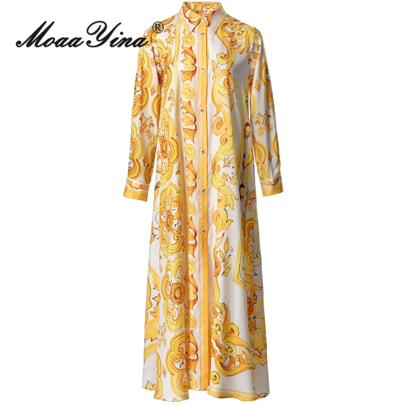 

MoaaYina Summer Fashion Designer High Quality Women Dresses Bohemian Print Turn-down Collar Single Breasted Robe Dresses