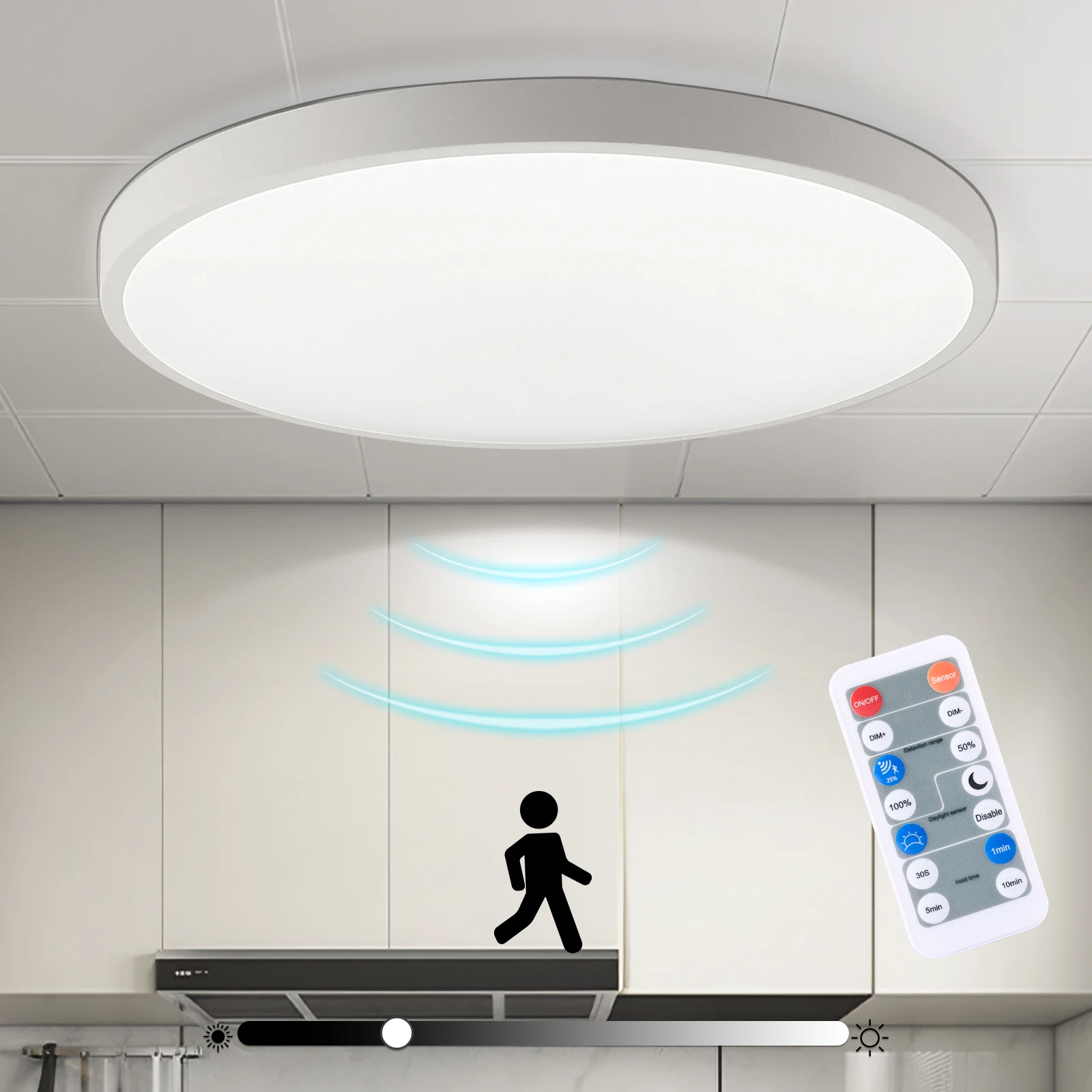 24W Round LED Ceiling Light with Motion Sensor & Remote, 2400LM, 4000K Neutral White, Ideal for Garage, Basement & Carport