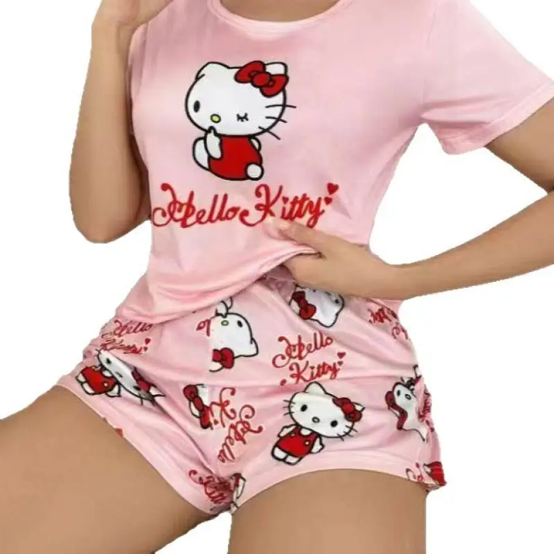 Pajama Set Hello Kitty Women's Spring Summer New Style 2026 Cartoon Cute Short-Sleeved Shorts Two-Piece Home Set Girl's Comfort view 5