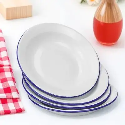 

4Pcs Round Enamel Plates Fine Workmanship Retro Style for Steamed Food Storage Fruit Display Table Decoration Set