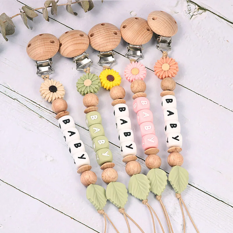 Custom Name Wooden Personalized Baby Pacifier Chain Silicone Bead Dummy Nipple Holder Guard Teether Pendant  Newborn Gift Stuff