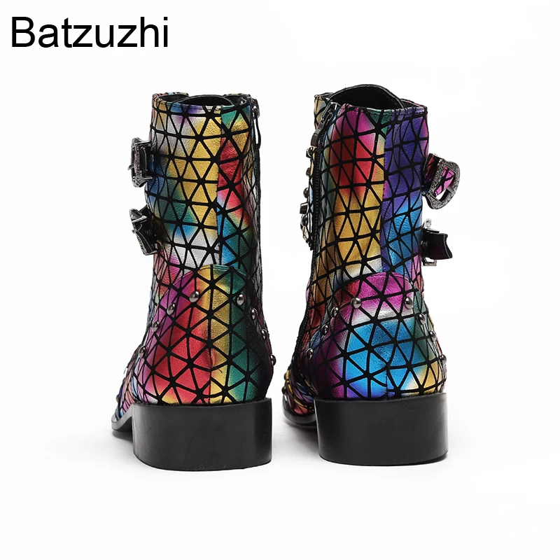 Batzuzhi Pop Muti-color Men's Boots with Metal Toes Punk Leather Ankle Boots Men Zips Buckles Punk Party, Runway Boots for Man!