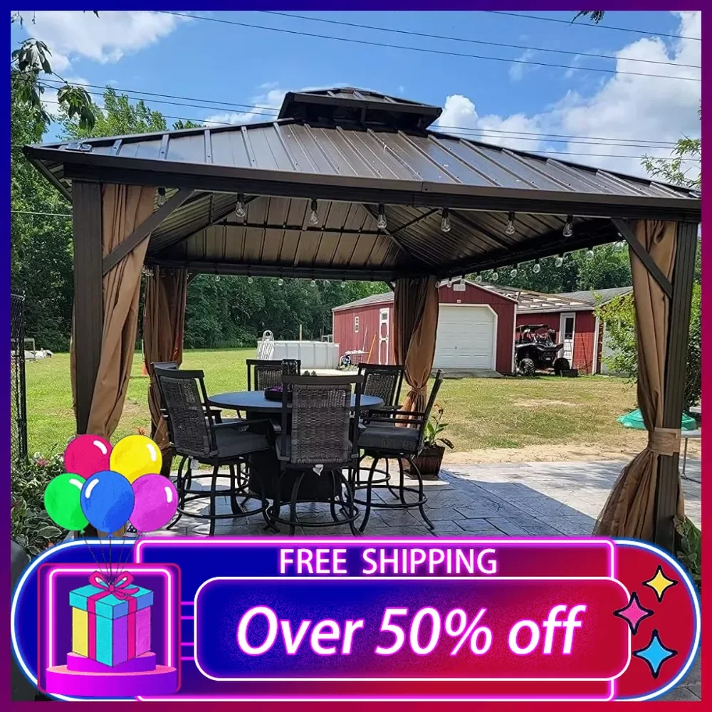 

10'x10' Hardtop Gazebo Canopy,Outdoor Gazebo with Galvanized Steel Double Roof,Curtain and Netting,Permanent Gazebo Pavilion