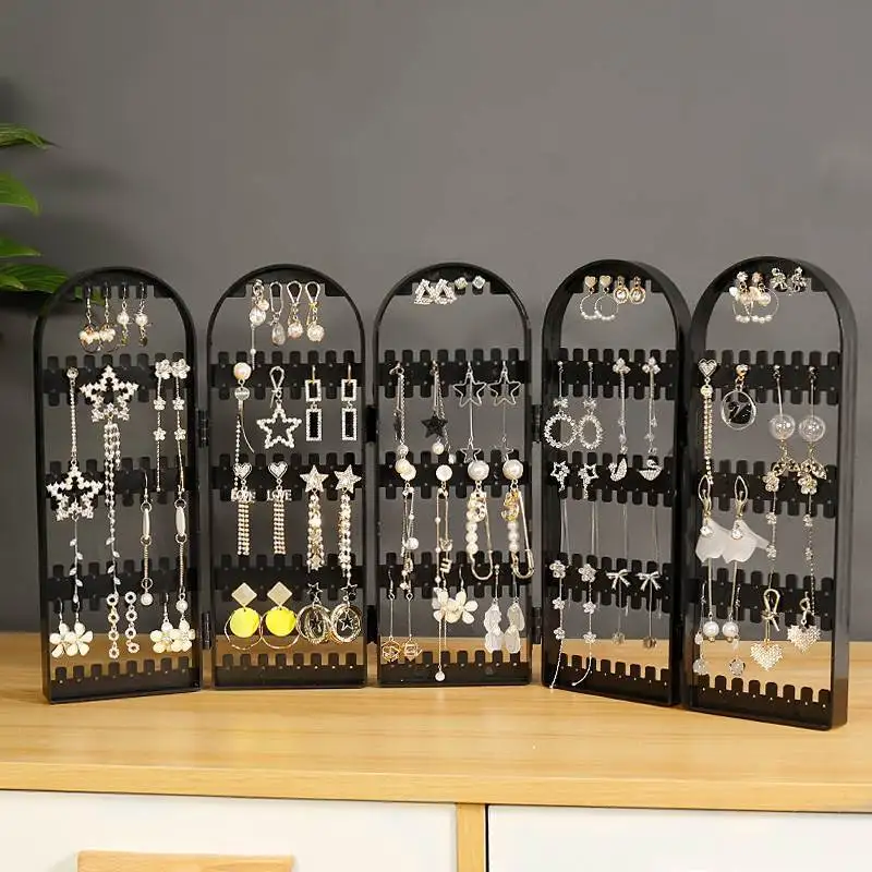 Folding Earrings Studs Display Rack 2-6 Fans Panels Screen Organizer Storage Box Necklace Jewelry Shelf Stand Holder