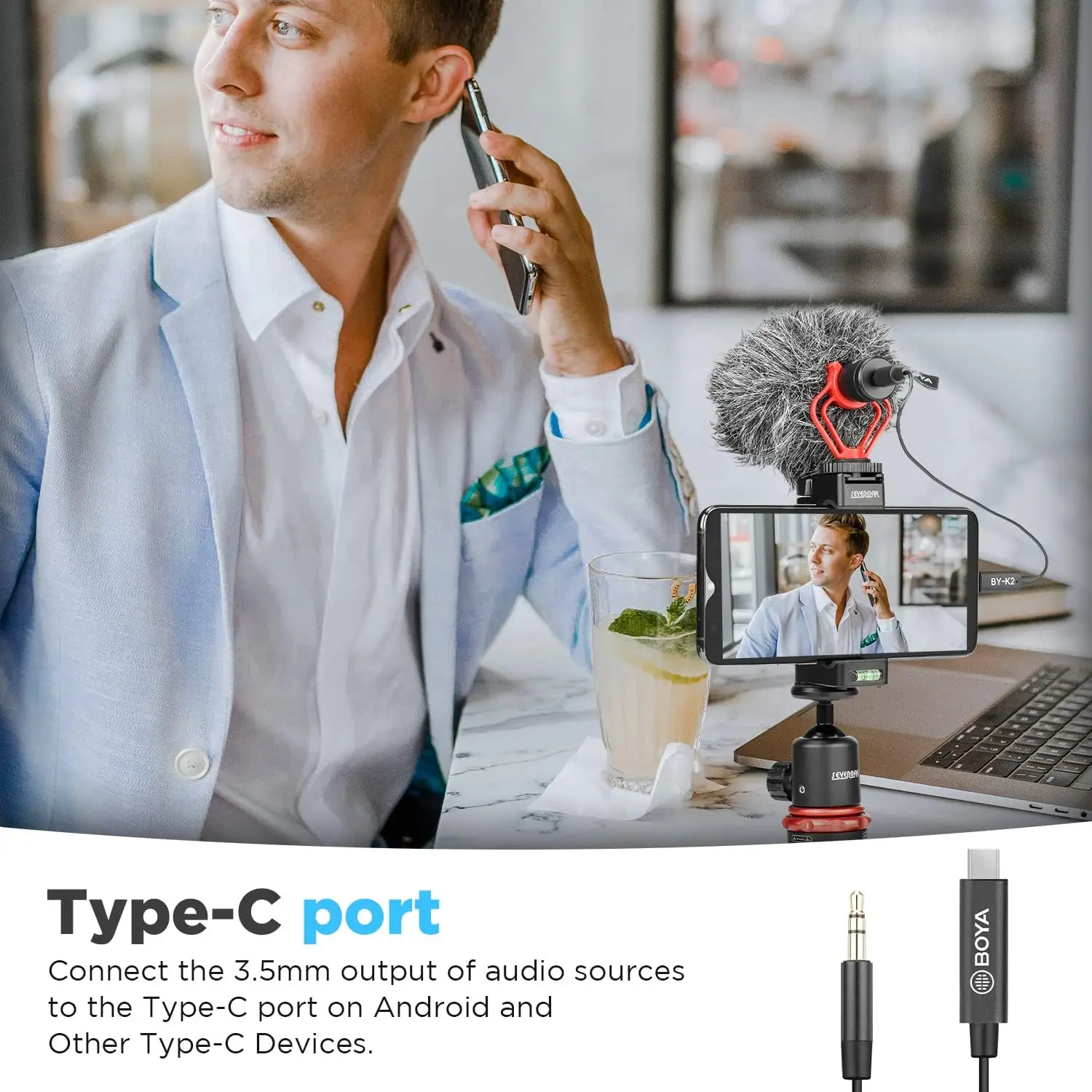 BOYA BY-K2 كابل محول صوت للميكروفون مقاس 20 سم 3.5 ملم TRS (ذكر) إلى Type-c (ذكر) لأجهزة Android PC والكمبيوتر المحمول USB-C