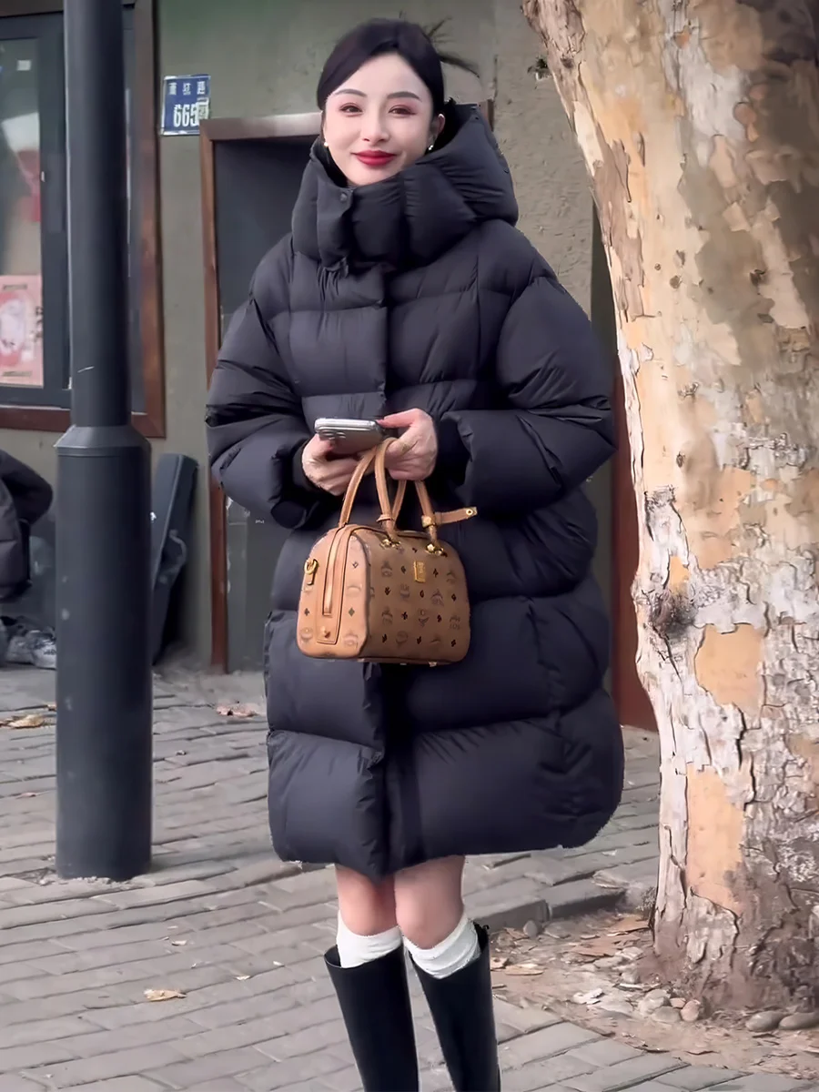 

Loose Women's Puffer Jaet Hooded Bread Sle Warm Outerwear Long Sve Mid-Length Bla Du down Coat for Winter Commute