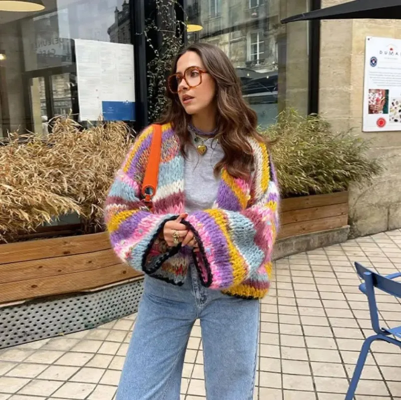 

Осенне-зимний повседневный универсальный кардиган для женщин, вязаный свитер в разноцветную полоску, трикотажные пальто с длинным рукавом, вязаные куртки