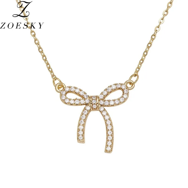 Zoesky Exquisite Shining Zircon Bow Knot Pendant Necklace For Women Butterfly Clavicle Chain Choker Jewelry Party Wedding Gift