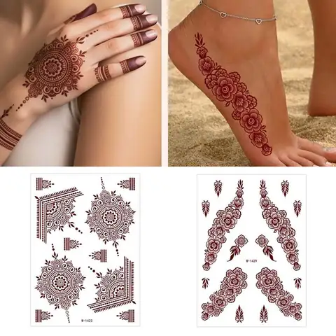 Red Mehndi Stickers Henna Tattoo Stickers Lace Fake Tattoo Wedding Tool Temporary Tattoo Legs Arm India Flower