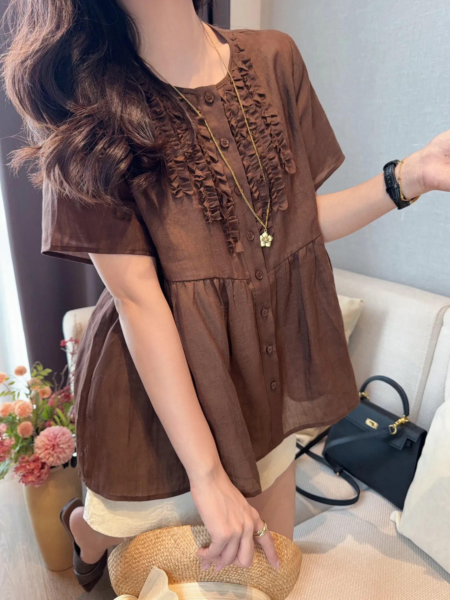 

Summer Breathable Linen Shirt Comfortable And Versatile ! Loose Pleated Short Sleeve Thin Shirt O1 Elegant Casual Women's Top