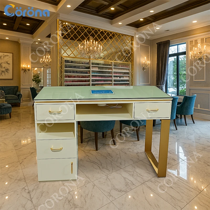 

White Gold Manicure Furniture Nail Art Table Station With Dust Collector