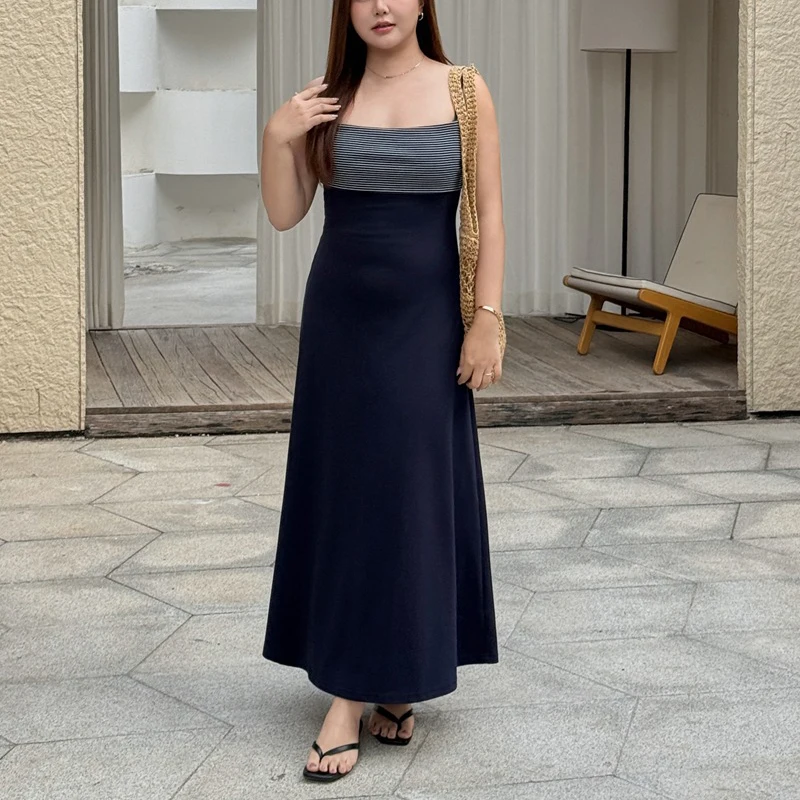 

Премиум-платье макси для женщин больших размеров: облегающее, в полоску, с пэчворком, на тонких бретелях, с завышенной талией, А-силуэт, длинное, модель 9459