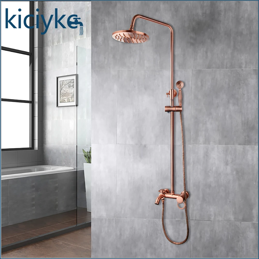 Antique Copper Bathroom Shower Faucet Set Wall Mounted 3 Function Brass Rainfall Shower System with Handheld Spray Mixer Tap