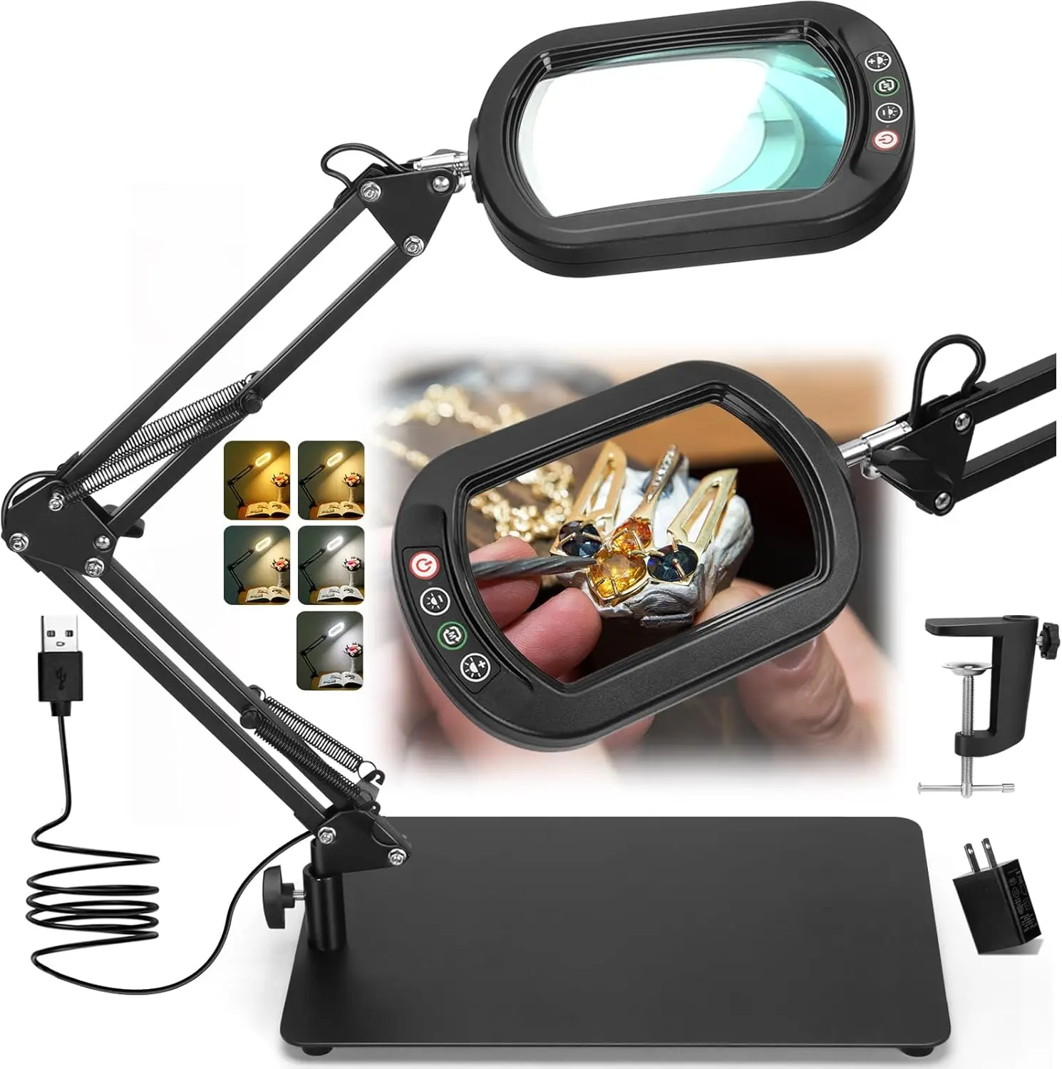 

10X Magnifying Glass with Light and Stand, 5 Color Modes Dimmable LED Desk Lamp & Clamp for Reading Craft Repair