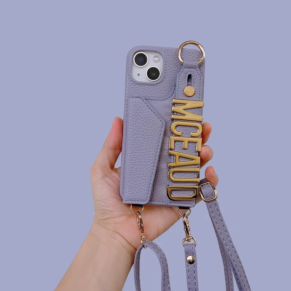 Crossbody Luxury Custom Name Metal Letters Lanyard Leather Phone Case For iPhone 16 15 11 12 13 14Pro Max Personalized Cover