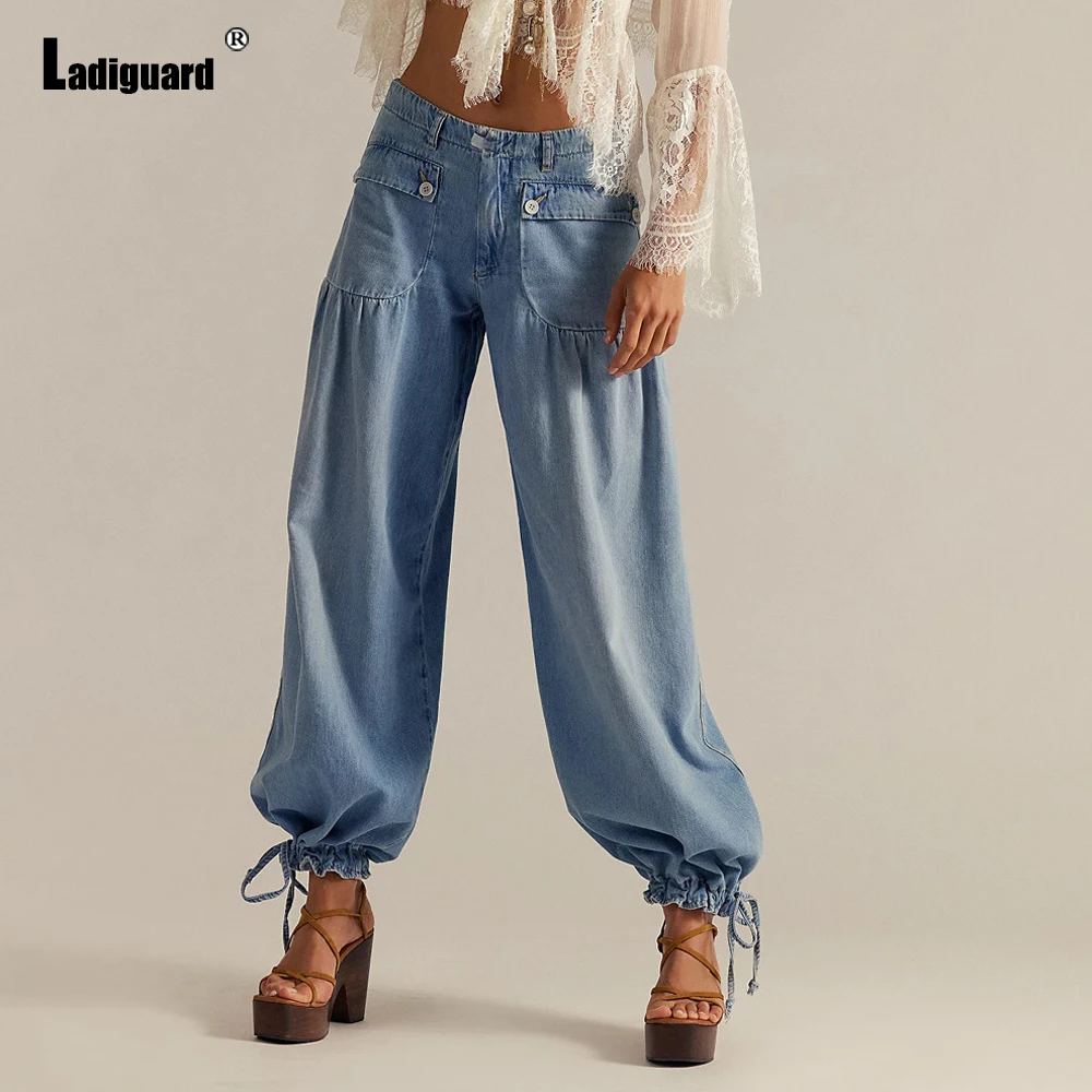 Dames Stand Pocket Casual Bloeiers Denim Broek Sexy Patchwork Jeans Broek 2025, Europese Mode Losse Harem Denim Broek Nieuw