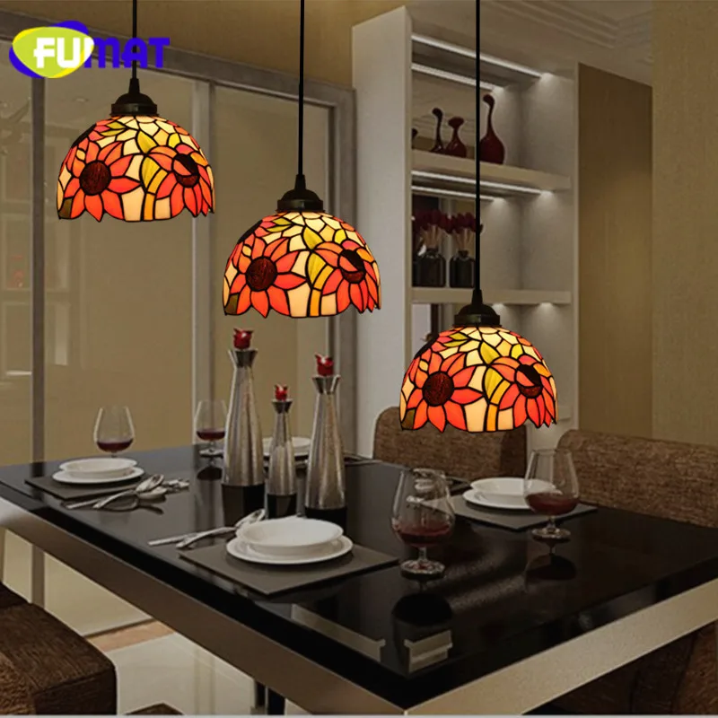 FUMAT Stained Glass Shade Pendant Light TiffanyLamp Hanglamp Sunflower Hanging Lighting Fixtures luminaria lights Pendant Lamp