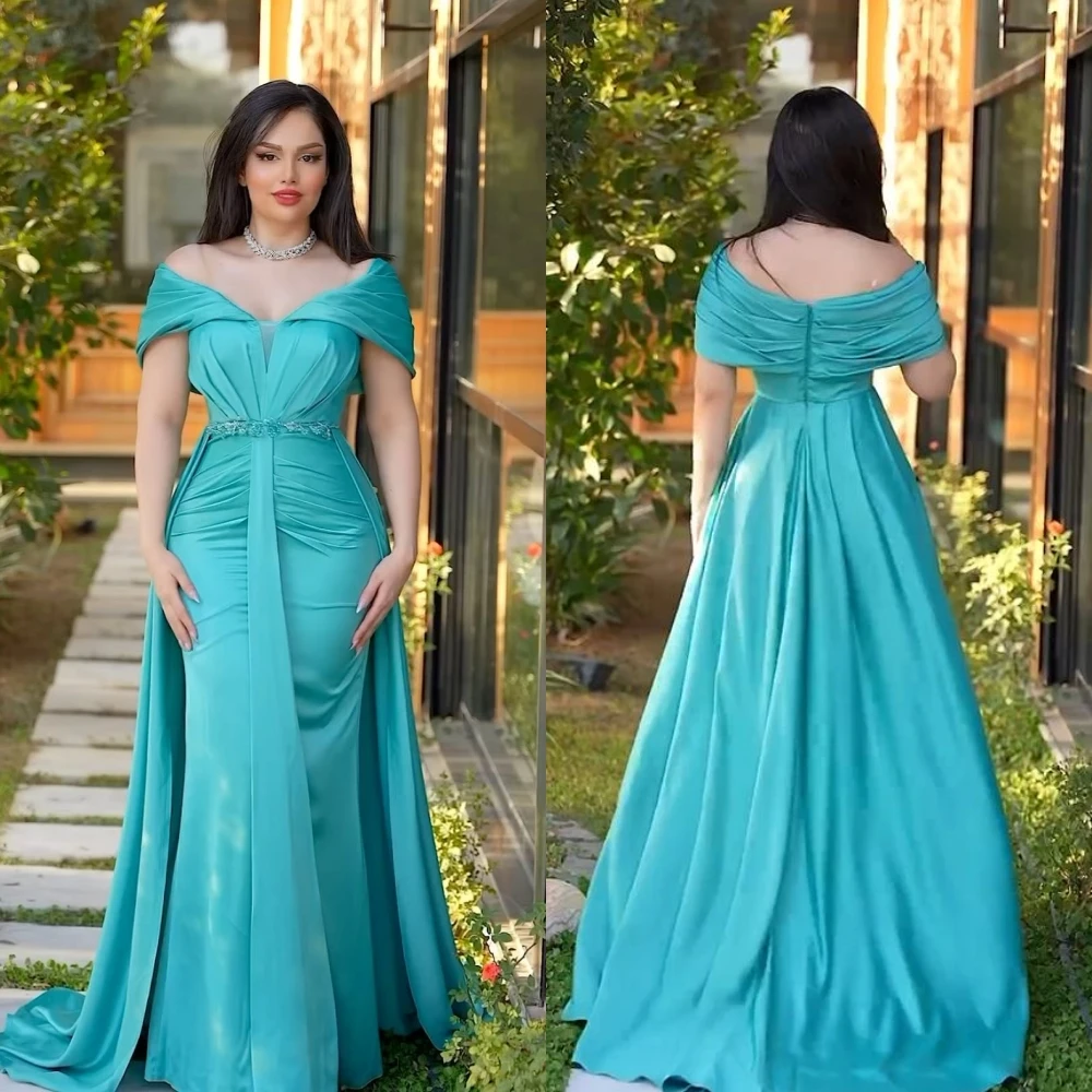 Yipeisha Elegant Matching Off-the-ไหล่ Mermaid ประดับด้วยลูกปัด Shirred ความยาวชั้น Charmeuse ชุดราตรี