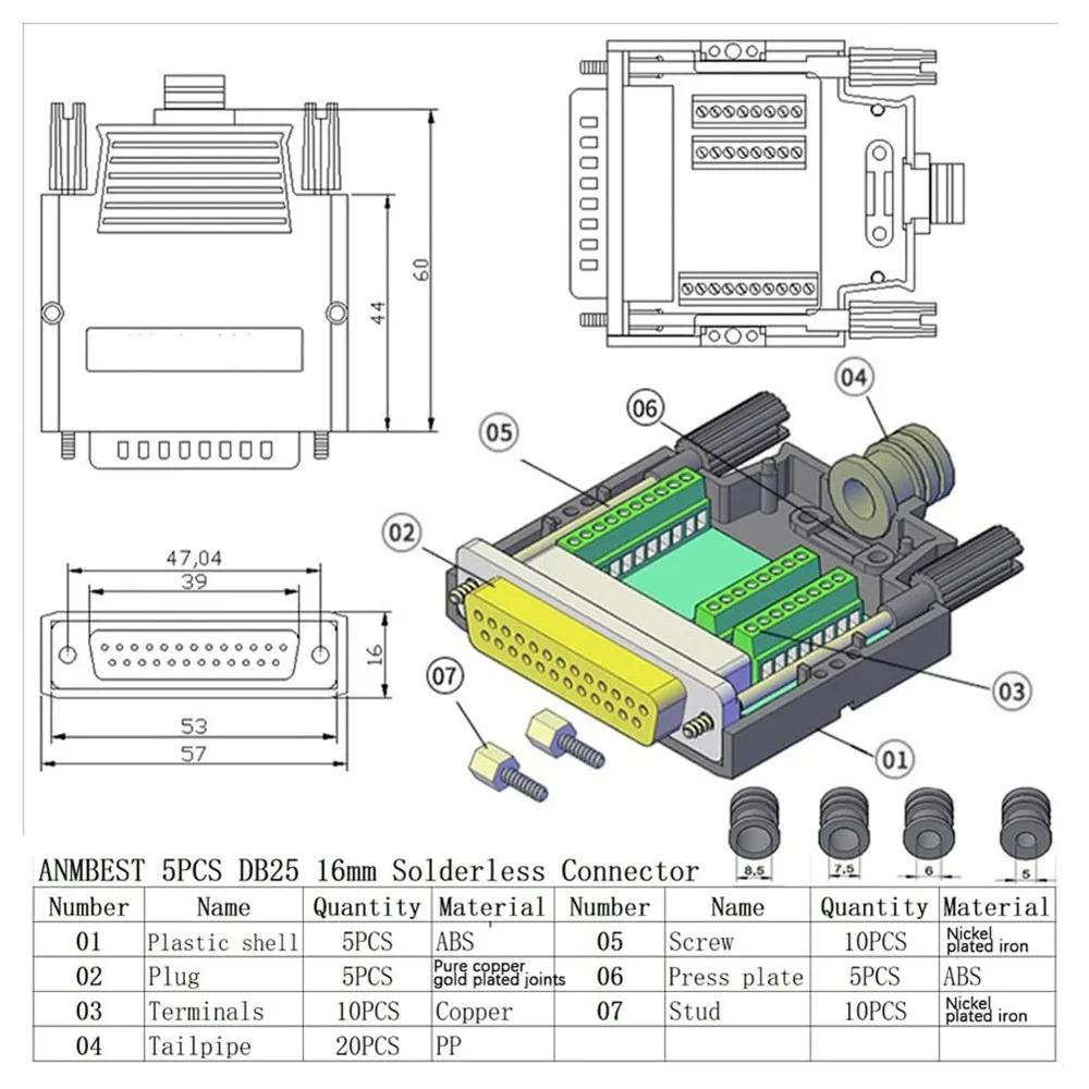 5PCS DB25 Solderless RS232 Serial Male Adapter, 25 Pin D-SUB Breakout Board with Case Long Bolts Nuts