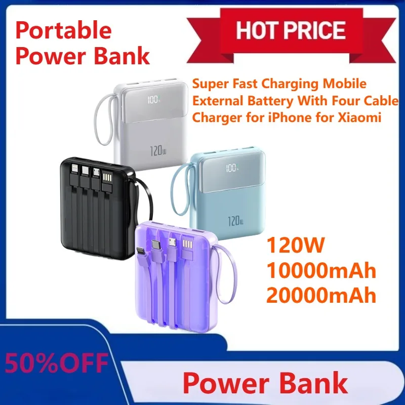 

Portable Power Bank 20000mAh 120W Super Fast Charging Mobile External Battery With Four Cable Charger for iPhone for Xiaomi