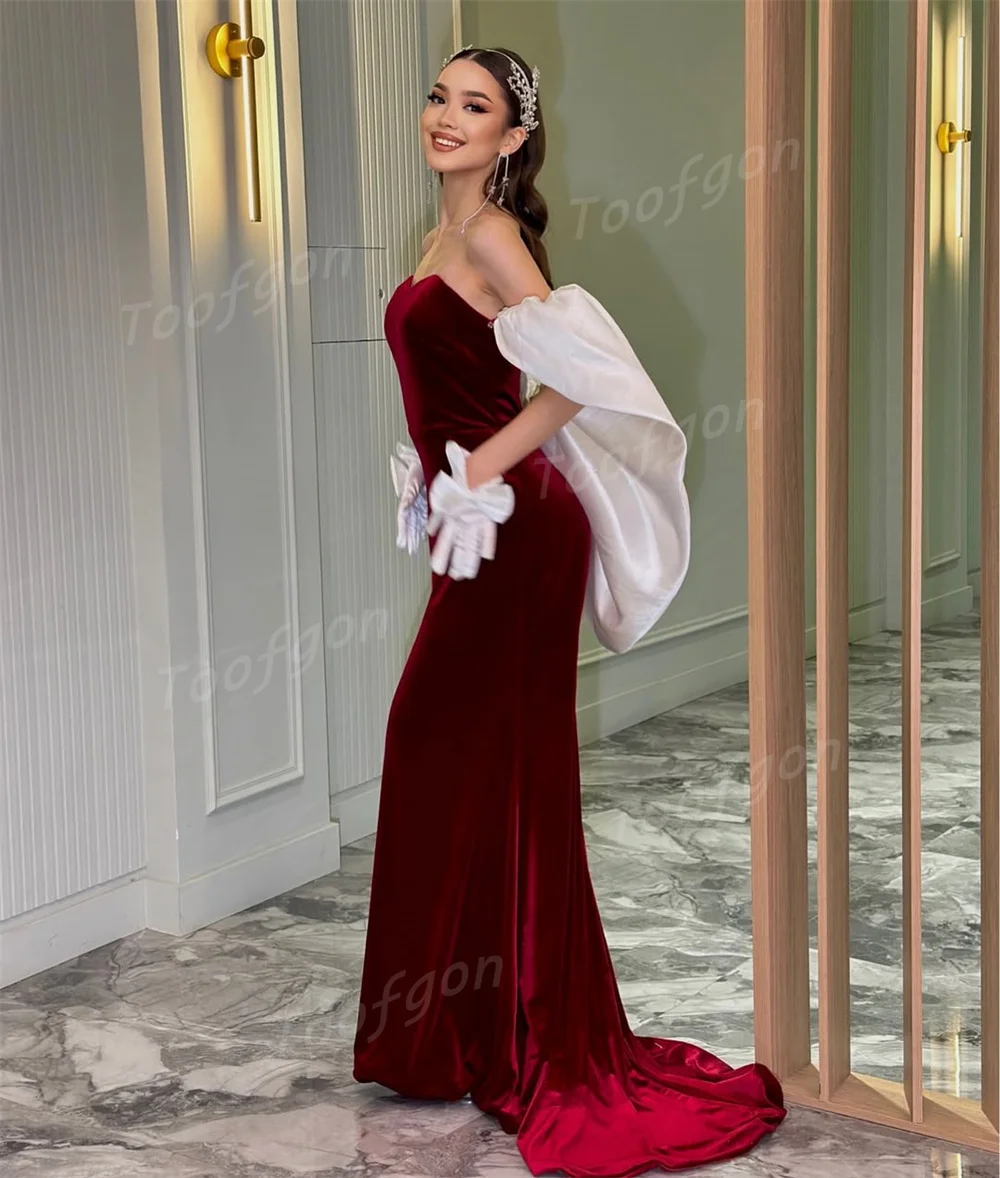 Toofan Милая бархатная русалка вечерние платья по индивидуальному заказу белая накидка с рукавами длинное бордовое женское вечернее платье для выпускного вечера