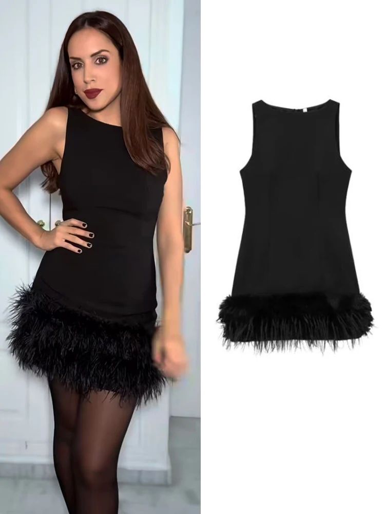 TRAF 2024 New Elegant Women Feathers Mini Dresses Sexy Slim Sleeveless Chic Party Dress Fashion Back Zipper Dress