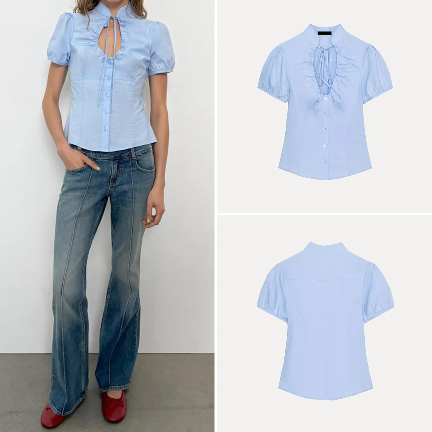 

Faionable Knot Silk Blouse Women's Spring 2026 New Arrival Ele irt Bubble Sve Stand Collar ort Sve