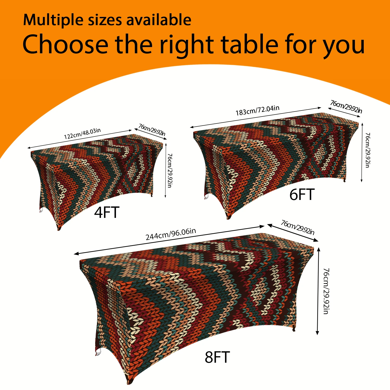 1PC Summer Outdoor Elastic Tablecloth, Boho Chevron Pattern Stretchable Table Cover, 4/6/8FT Rectangle, Washab