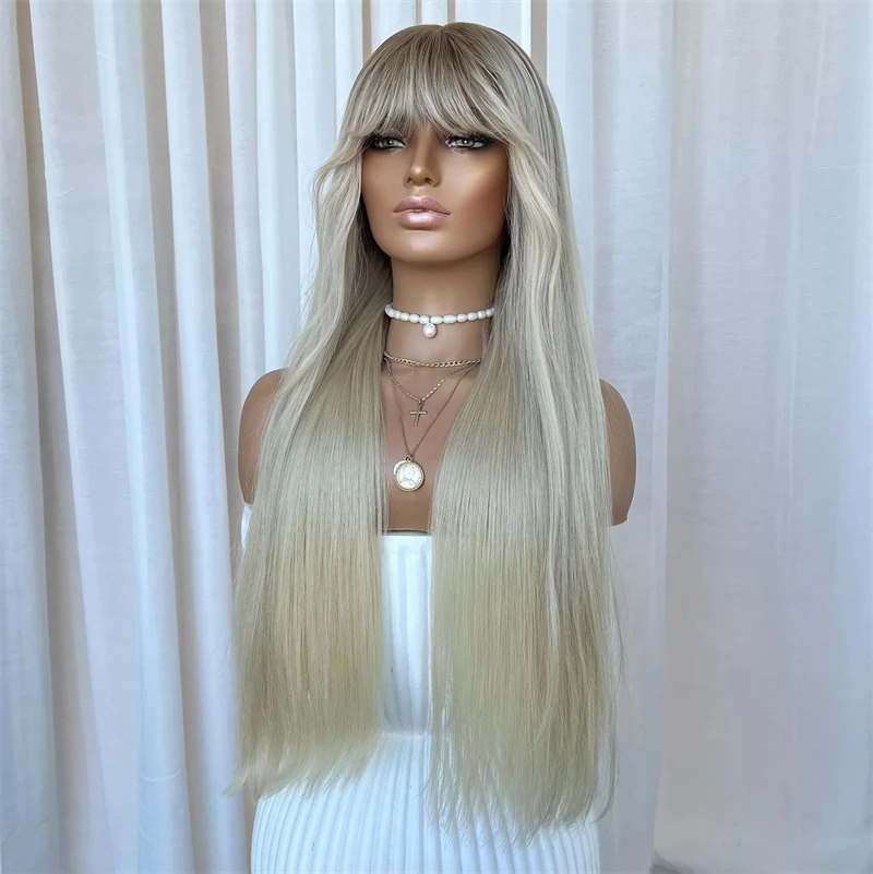 

Full Bang Wig for ladies Soft synthetic Lace Front Wigs Straight Platinum Ash Blonde Wig Fringe High Quality Glueless HD Top Wig