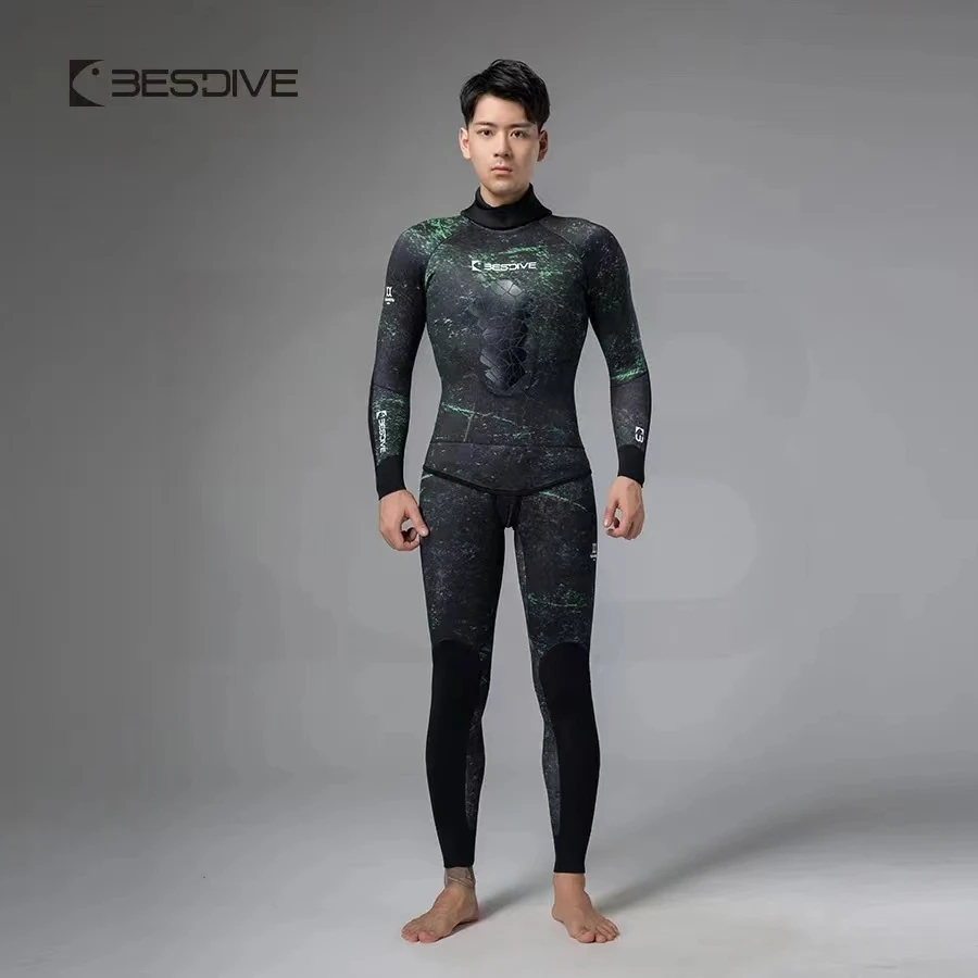 Bestdive Men's Spearfishing Wetsuit 5mm/7mm Neoprene 2-Piece Camouflage Scuba Diving Suit Full Body Warm Hooded for Freediving