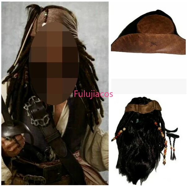

Fulujiacos Captain Jack Sparrow Cosplay Brown Wig Hat Beard Prop