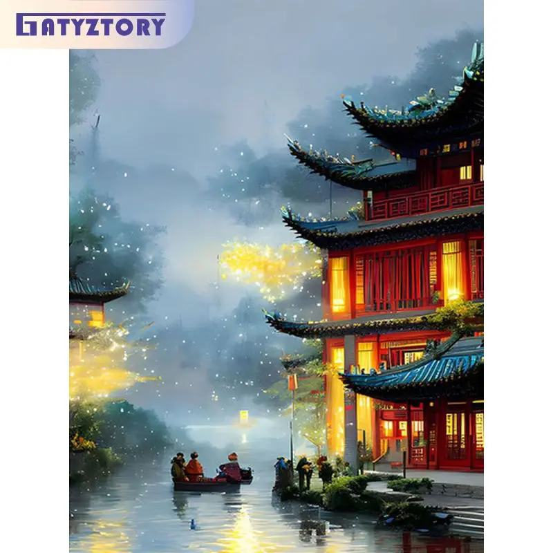 

GATYZTORY Acrylic Painting By Numbers For Handicraft Picture Coloring Ancient Building Landscape Home Decors For Adults Gift