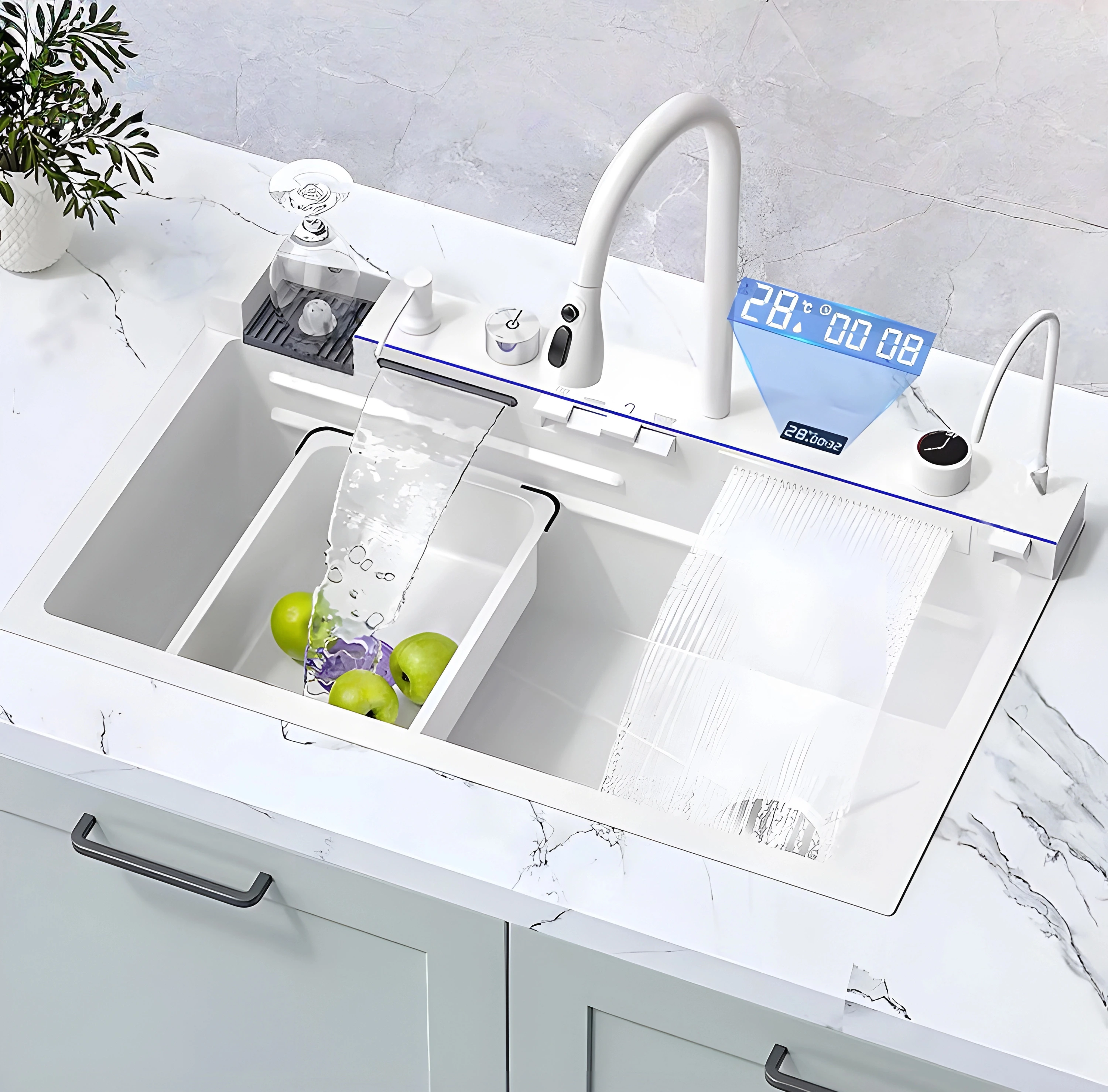Stainless Steel Kiten Sink with Waterfall Hot Cold Faucet 75*45cm Large Single Bowl Digital Display Dish Basin Kiten Sink