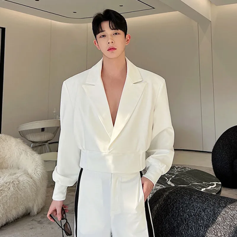 IEFB Korean New Fashion Men\'s Sets Two-piece Solid Color Short Jacket Suit Strip Wide Leg Pants Casual Trend Male Suit 9A7744
