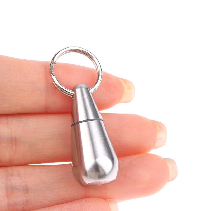 Mini Drop Shaped Waterproof Stainless Steel Medicine Box Sealed Outdoor Travel Medicine Storage Pill Case Keychain Car Key Ring