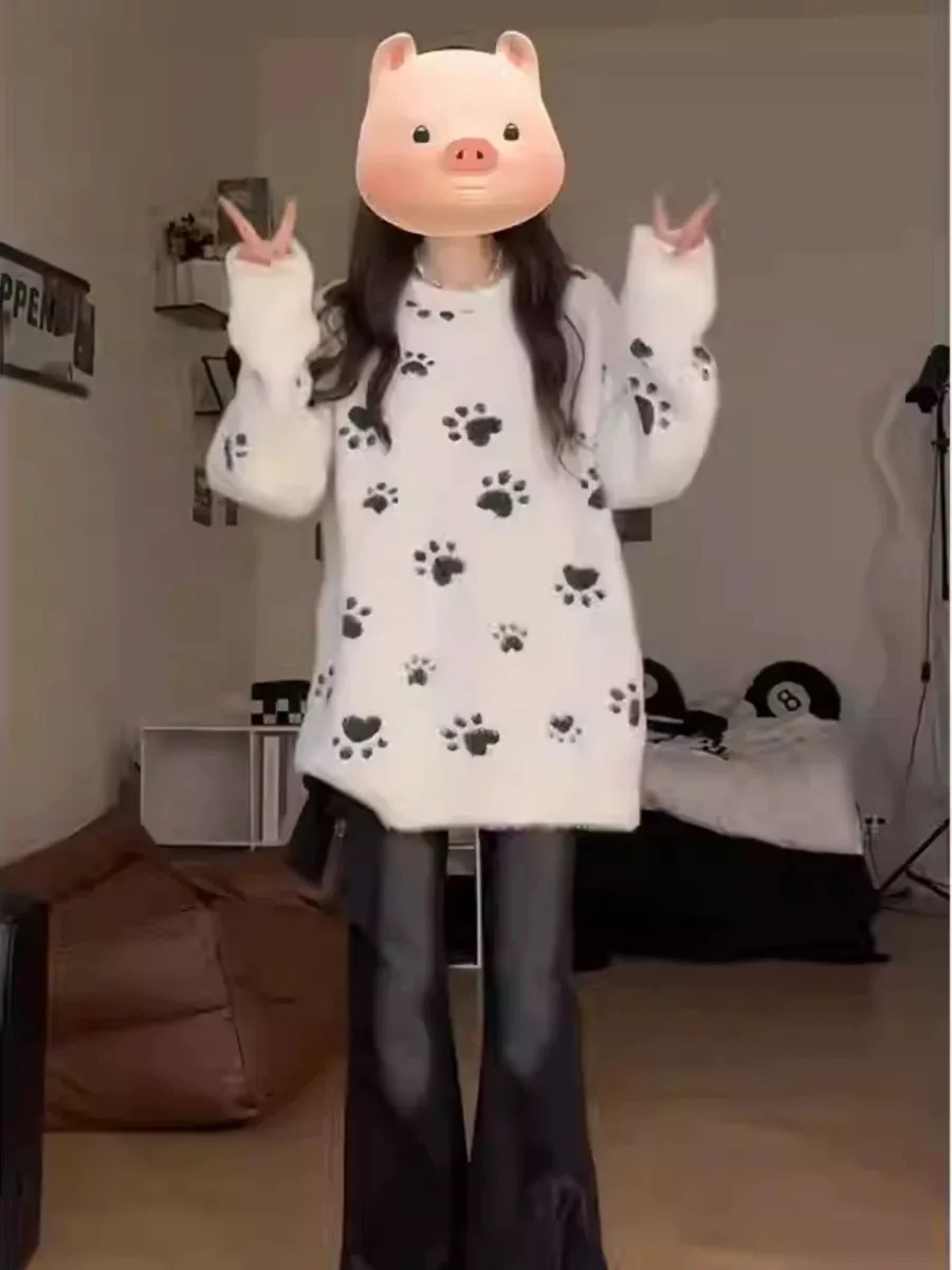 여성용 밍크 퍼가 달린 티엔드 울 니트 스웨터 따뜻한 투톤 라운드 넥 롱 스웨터 캐주얼 스타일 가을용