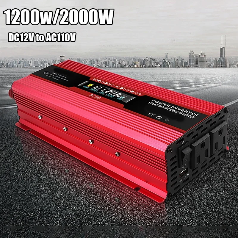 New 2000W/1200W Power Inverter For Car Home Outdoor DC12V to AC110V LED Voltage Screen Display Modified Sine Wave Power Inverter