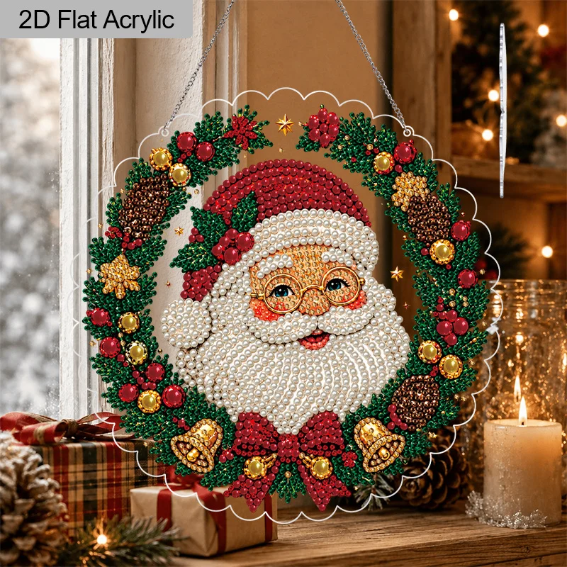 2D Flat Christmas Pearl Diamond Painting Hanging Kits, Deer Xmas Tree Nativity Scene Santa Wreath Special Shaped Beads Craft