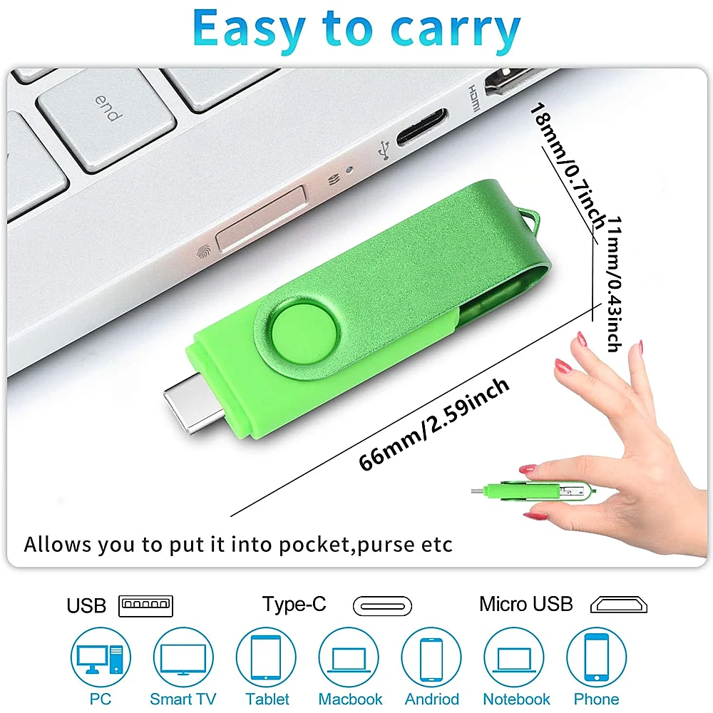 OTG USB Flash Drive 360 ° rotasi 3 dalam 1 128GB mikro & TYPE-C & USB 256GB 64GB 32GB memori Mini ponsel pintar kapasitas tinggi