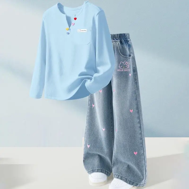 

Sanrio Hello Kitty Sets Girl Spring Autumn T-Shirt Pants Children Cartoon Jeans Kawaii Anime Fashion New Style Casual Clothing